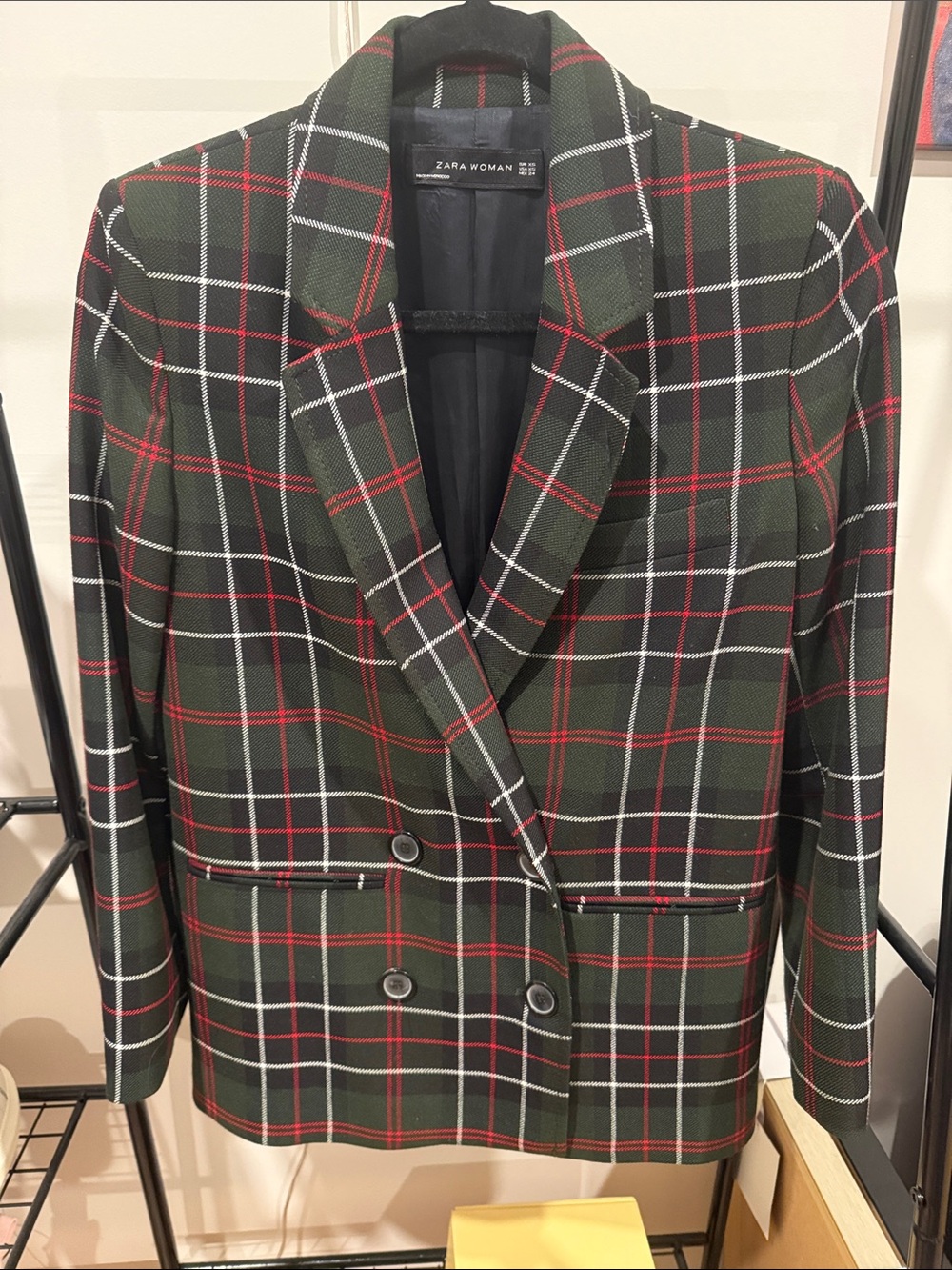 Zara Green Plaid Double-Breasted Blazer with Red & White Windowpane